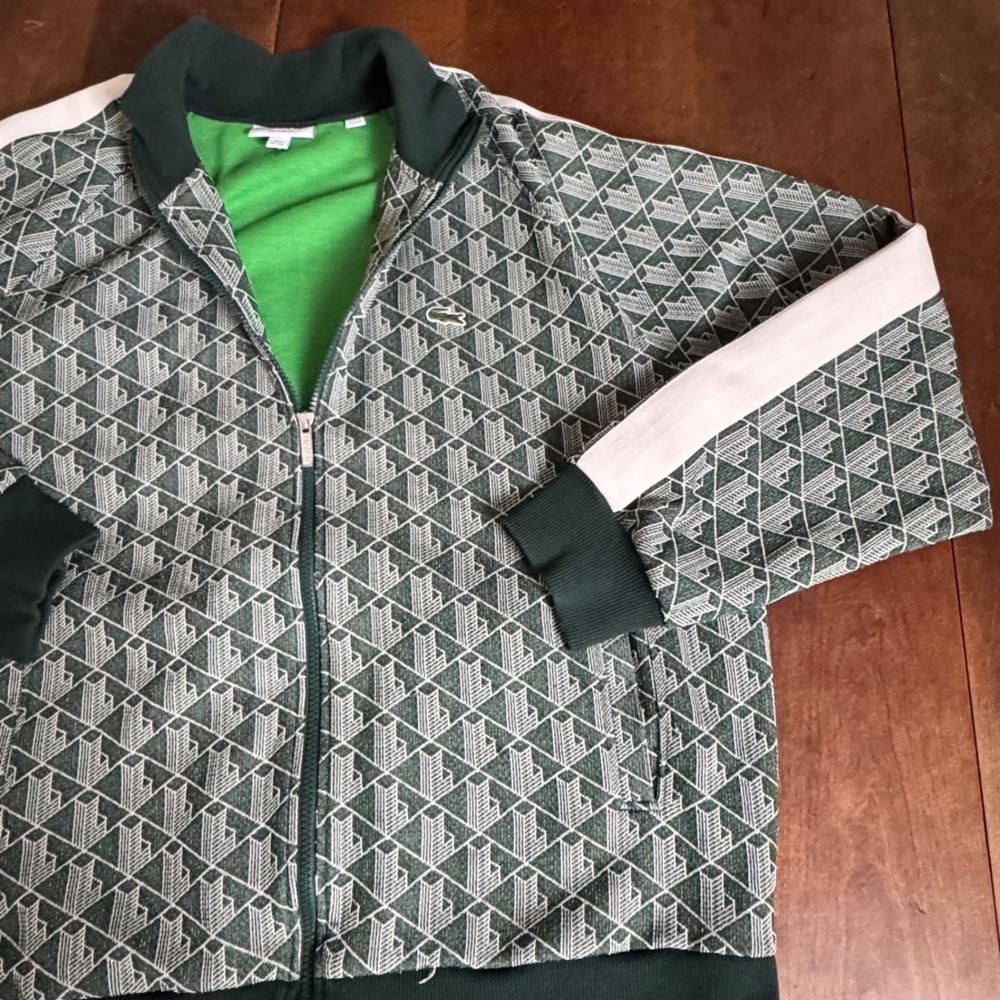 Lacoste Track Jacket Mens 3XL Green Monogram Geometric Full Zip Excellent Sporty